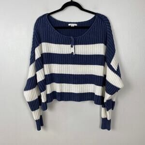 American Eagle Henley Sweater Oversized Crop Blue & White Stripe Drop Shoulder L